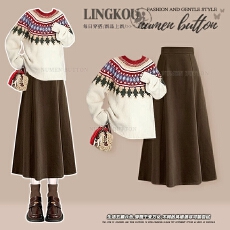 批发<b class='q'>大码</b>秋季轻熟风套装女减龄别致针织毛衣搭配气质显瘦半身裙两件套