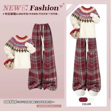 批发秋冬时尚绝美套装女<b class='q'>甜美</b>风减龄针织毛衣红色圣诞格子休闲裤两件套
