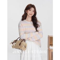 批发韩系复古撞色条纹针织衫毛衣女秋季宽松慵懒风圆领长袖温柔风上衣