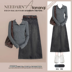 批发2025秋季高级感时尚显瘦修身减龄上衣搭复古高腰牛仔半身裙两件套