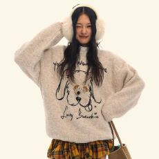 批发复古卡通小狗圆领毛衣女2025秋冬季新款慵懒风软糯宽松套头上衣