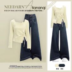 批发<b class='q'>大码</b>秋季韩系套装女小众不撞款抽绳上衣高腰显瘦阔腿牛仔裤两件套