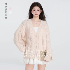 批发粉色软糯麻花V领毛衣开衫外套女2025秋冬新款宽松慵懒针织上衣