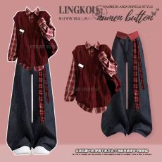 批发<b class='q'>大码</b>秋冬学院风套装女新年红色针织马甲衬衫显瘦复古牛仔裤三件套