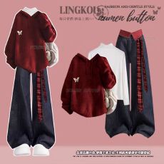 批发2026时尚绝美套装女新年红色氛围感针织卫衣打底衫搭<b class='q'>牛仔</b>裤三件套