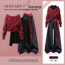 批发<b class='q'>大码</b>秋冬高级感套装女圣诞红色法式针织上衣内搭复古牛仔裤三件套