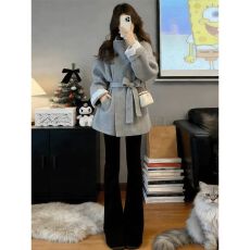 批发时尚韩系高级感灰色拼接设计感大衣外套黑色时尚牛仔裤套装<b class='q'>女</b>冬