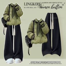 批发大码冬季学院风套装女韩系小清新减龄棉服外套搭显瘦休闲裤两件套