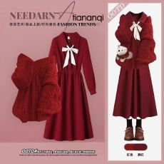 批发秋季韩系氛围感穿搭蝴蝶结连衣裙搭配温柔气质红色针织毛衣两件套