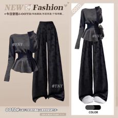 批发秋冬复古套装女法式收腰显瘦针织衫搭配国风暗纹休闲阔腿裤两件套