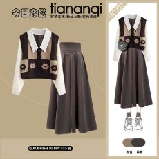 批发秋季套装女2025新款时尚假两件针织毛衣搭配宽松显瘦半身裙两件套