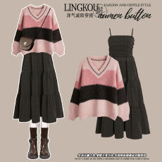 批发大码梨型身材套装女秋季撞色减龄针织毛衣搭配复古显瘦吊带<b class='q'>连衣裙</b>