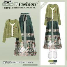 批发新中式国风套装2025<b class='q'>冬</b>装绿色印花马面裙针织衫<b class='q'>冬</b>季一整套汉服穿搭