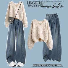 批发大码温柔韩系套装女秋季气质<b class='q'>甜美</b>针织毛衣搭配时髦宽松显瘦牛仔裤