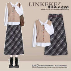 批发学院风一整套秋季穿搭女韩系假两件圆领上衣搭配气质半身裙两件套