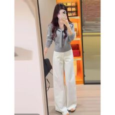 批发超好看减龄韩系海军领蝴蝶结针织衫女秋冬显瘦休闲阔腿裤两件套潮