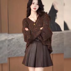 批发新款韩系秋季穿搭小个子复古洋气咖色针织毛衣显瘦短裙两件套裙女