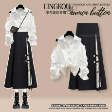 批发大码秋季法式套装女优雅减龄遮肉衬衫搭轻奢高腰显瘦半身裙两件套