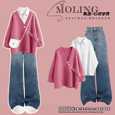 批发<b class='q'>冬</b>季穿搭一整套女2025新款慵懒风毛衣衬衫搭洋气显瘦牛仔裤三件套