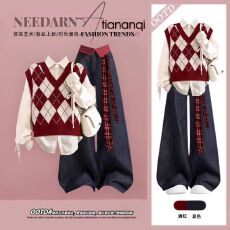 批发2026新款穿搭一整套减龄菱格马甲衬衫阔腿牛仔裤三件套学院风穿搭