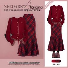 批发2026新款气质套装女慵懒风显瘦针织开衫搭配高腰格子半身裙两件套