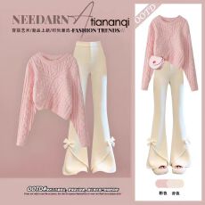 批发冬季韩系套装女学院风减龄圆领针织毛衣搭配高腰直筒休闲裤两件套