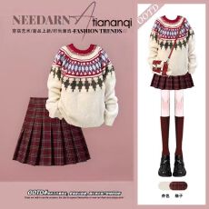 批发2026冬季学院风套装女减龄韩系针织毛衣搭红色格子百褶短裙两件套