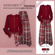 批发2026春季新款系带收腰针织气质百搭开衫搭配高腰格子休闲裤两件套