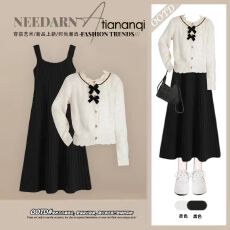 批发秋季温柔慵懒风蝴蝶结针织气质减龄上衣搭配显瘦吊带连衣裙两件套