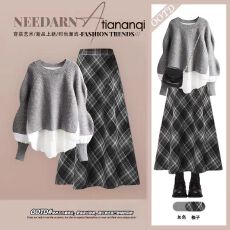 批发2025秋季新款韩系针织假两件套装女搭设计感显瘦格子半身裙两件套