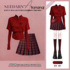 批发新年战袍超好看显瘦红色披肩针织衫搭百褶裙三件套跨年氛围感气质