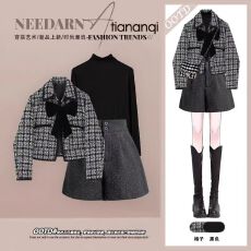 批发2025秋季新款小香风韩系休闲气质外套内搭衬衫搭配高腰短裤三件套