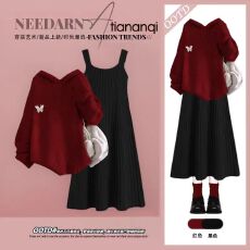 批发2025<b class='q'>冬</b>季圣诞休闲风宽松显瘦连帽毛衣搭配高级感减龄针织裙两件套