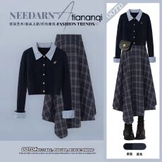 批发秋季新款洋气套装女减龄学院风针织衫搭显瘦遮肉休闲半身裙两件套