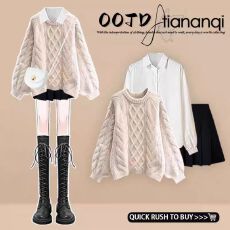 批发深秋初<b class='q'>冬</b>毛衣外套软糯针织衫叠穿白色衬衫高腰百褶A字半身裙套装