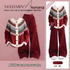 批发秋<b class='q'>冬</b>季新款韩系套装女费尔岛提花针织毛衣搭高腰显瘦工装裤两件套