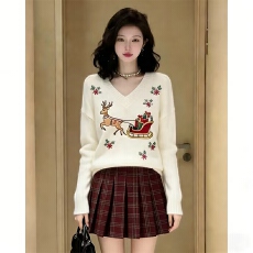 批发时尚慵懒风设计感女麋鹿提花针织毛衣红色格纹百褶裙套装2025<b class='q'>冬</b>季