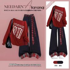 批发2026新款休闲风套<b class='q'>装</b><b class='q'>女</b>红色减龄字母卫衣百搭宽松显瘦牛仔裤两件套