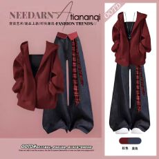 批发秋季时尚百搭套<b class='q'>装</b><b class='q'>女</b>宽松减龄连帽上衣搭高腰显瘦阔腿牛仔裤两件套