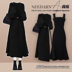 批发小香风2026新款宽松<b class='q'>开叉</b>针织裙搭配法式减龄鱼尾吊带<b class='q'>连衣裙</b>两件套