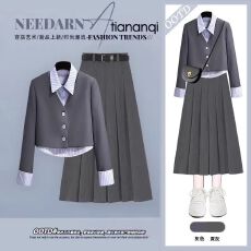 批发韩系学院风翻领设计感<b class='q'>衬衫</b>上衣2026新款秋季高腰显瘦半身裙两件套