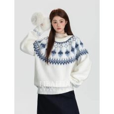批发北欧费尔岛提花圆领毛衣女2025秋<b class='q'>冬</b>新款宽松慵懒感针织衫套头上衣