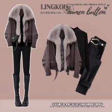 批发大码冬季气质<b class='q'>套装</b>女减龄大毛领厚款派克棉服内搭紧身牛仔<b class='q'>裤</b>三件套