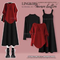 批发<b class='q'>大码</b>秋冬法式套装<b class='q'>女</b>红色圣诞针织毛衣打底衫轻奢吊带<b class='q'>连衣裙</b>三件套