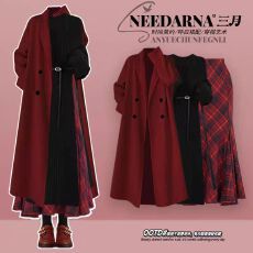 批发冬季一整套穿搭高级感气质红色大衣鱼尾裙子套装裙女红色跨年战袍