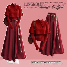 批发<b class='q'>大码</b>秋冬红色套装女洋气新年披肩针织上衣搭配休闲阔腿<b class='q'>裙裤</b>三件套