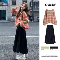 批发秋季高级感韩系氛围感一整套时尚显瘦减龄慵懒风毛衣半身裙两件套