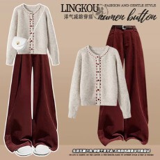 批发大码减龄搭配一整套春装韩系针织毛衣开衫红色高级感显瘦休闲裤女