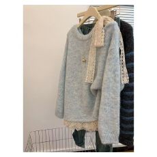 批发慵懒高级感针织衫蓝色蕾丝拼接露肩毛衣女款2025新款秋<b class='q'>冬</b>加厚上衣