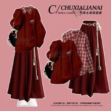 批发新年战袍红色套装2026巨好看慵懒毛衣格纹衬衫显瘦裙裤过年三件套